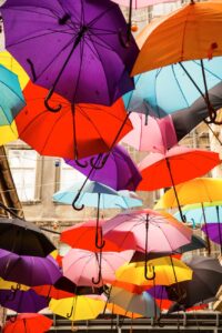 assorted color hanging umbrellas