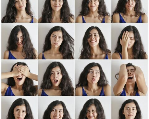 collage of portraits of cheerful woman