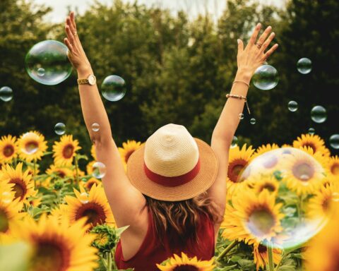 woman surrounded by sunflowers