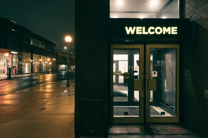 door near street in town at night
