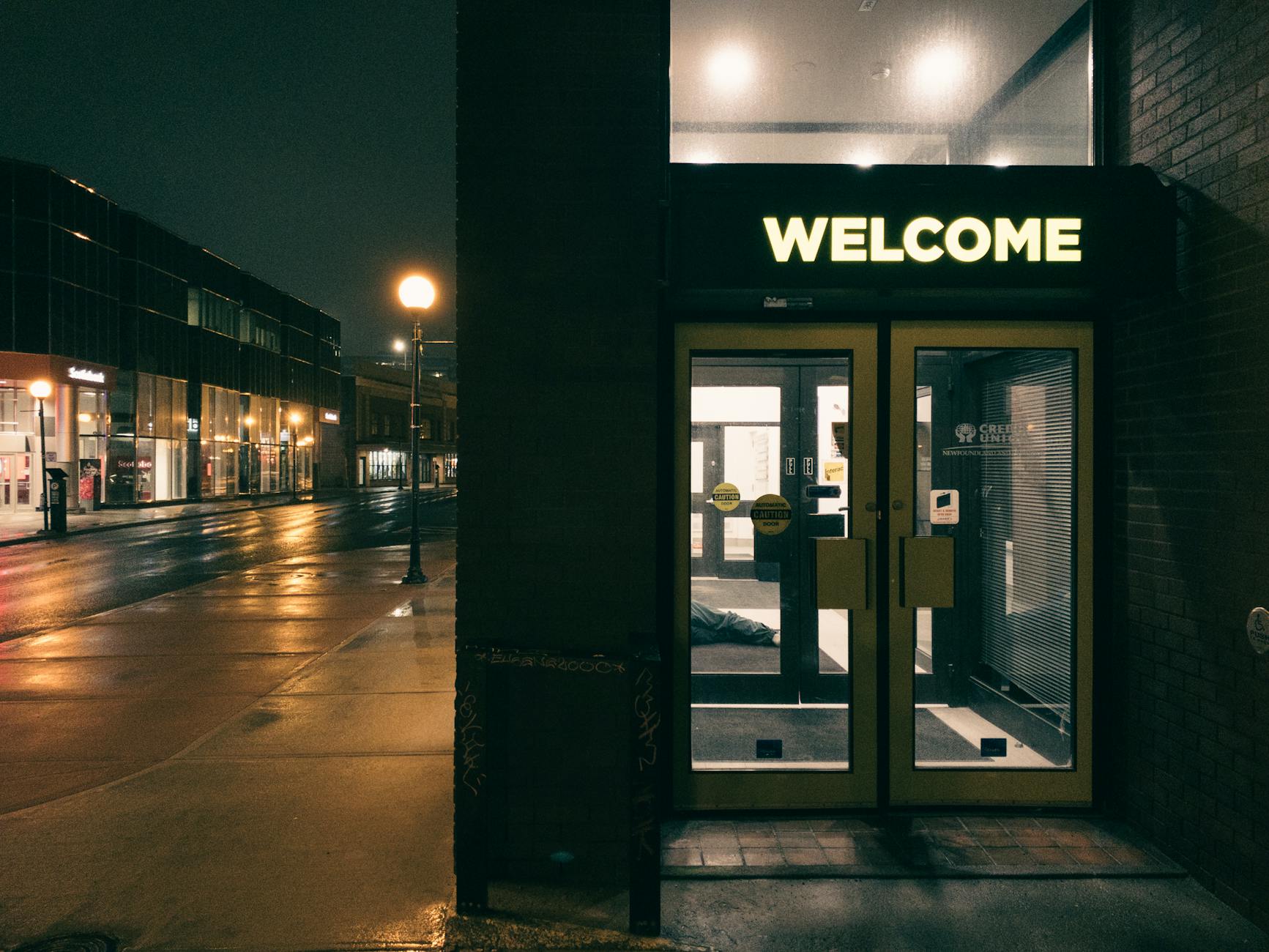 door near street in town at night